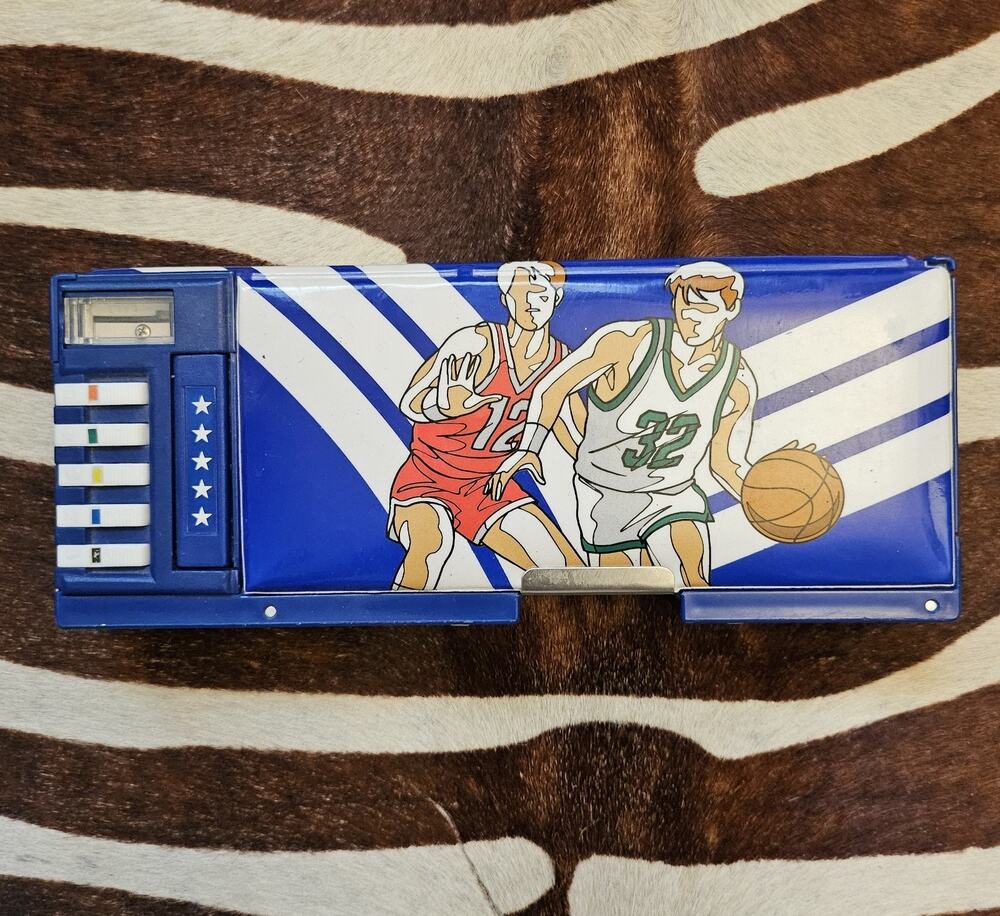 Vintage 1989 Sanrio Pop Up Pencil Box Case Compartment Blue Basketball